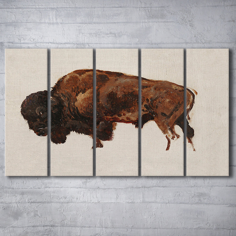 Minimalist Buffalo 5 Panels Canvas Print Wall Art, Vintage Bison Oil Painting Yellowstone Buffalo Wall Art, American Bison