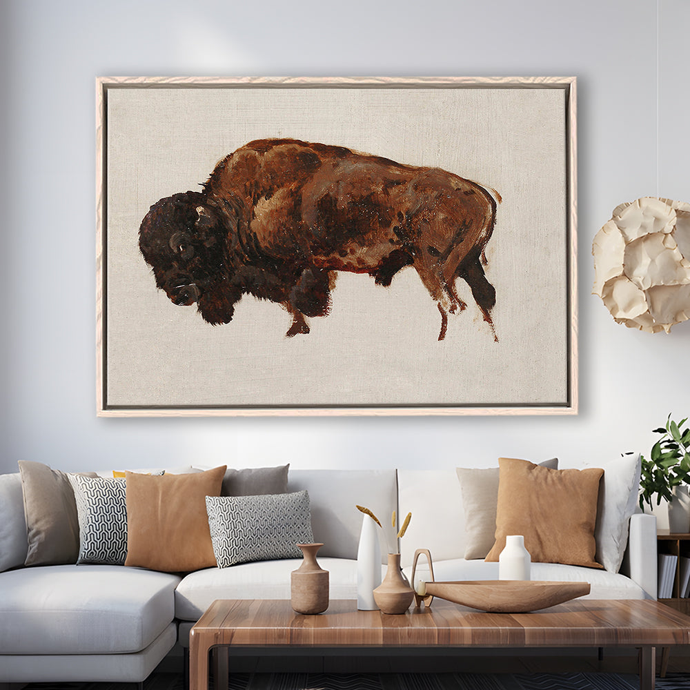 Minimalist Buffalo Framed Canvas Print Wall Art, Vintage Bison Oil Painting Yellowstone Buffalo Wall Art, American Bison