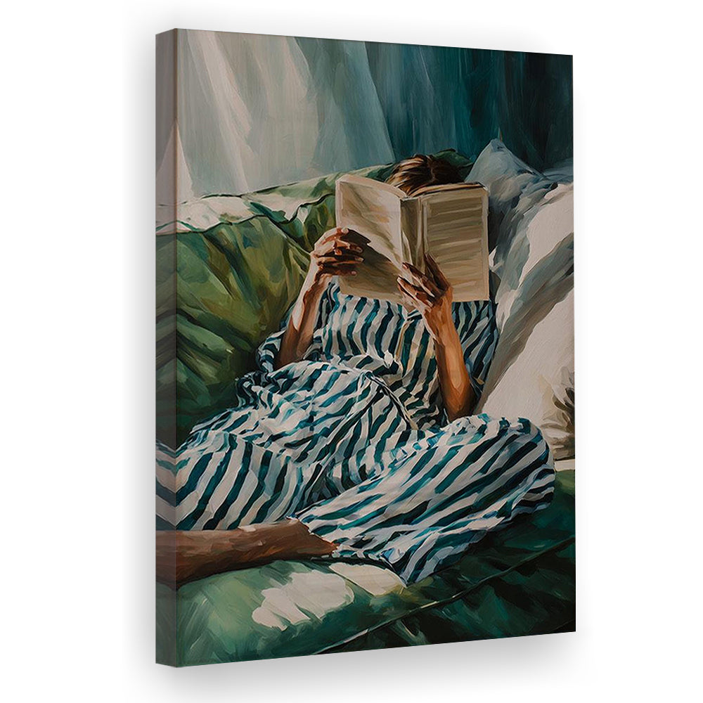 Minimalist Emerald Green Reading Woman Print, Book Lover Print, Watercolor Painting Art, Canvas Print, Canvas Decor