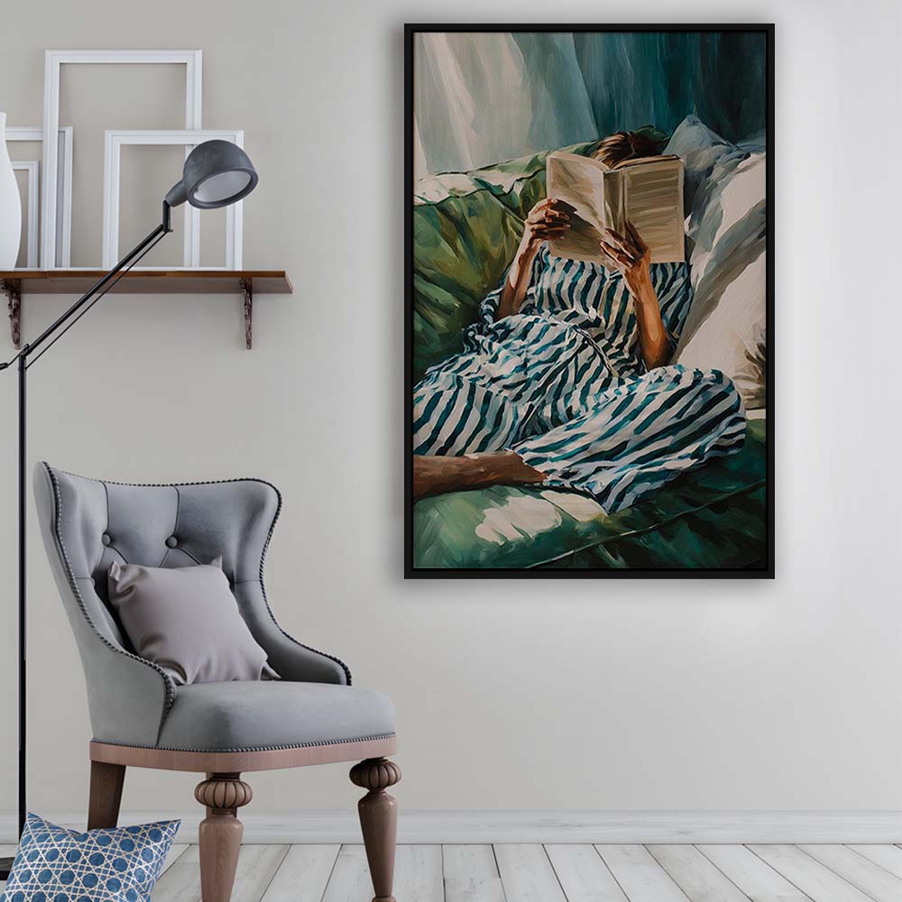 Minimalist Emerald Green Reading Woman Print, Book Lover Print, Watercolor Painting Art, Framed Canvas Print, Floating Frame
