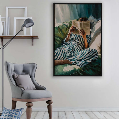 Minimalist Emerald Green Reading Woman Print, Book Lover Print, Watercolor Painting Art, Framed Canvas Print, Floating Frame