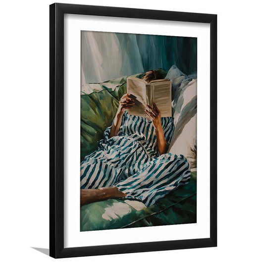 Minimalist Emerald Green Reading Woman Print, Book Lover Print, Watercolor Painting Art, Framed Art Print, White Border