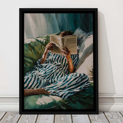 Minimalist Emerald Green Reading Woman Print, Book Lover Print, Watercolor Painting Art, Framed Canvas Print, Floating Frame