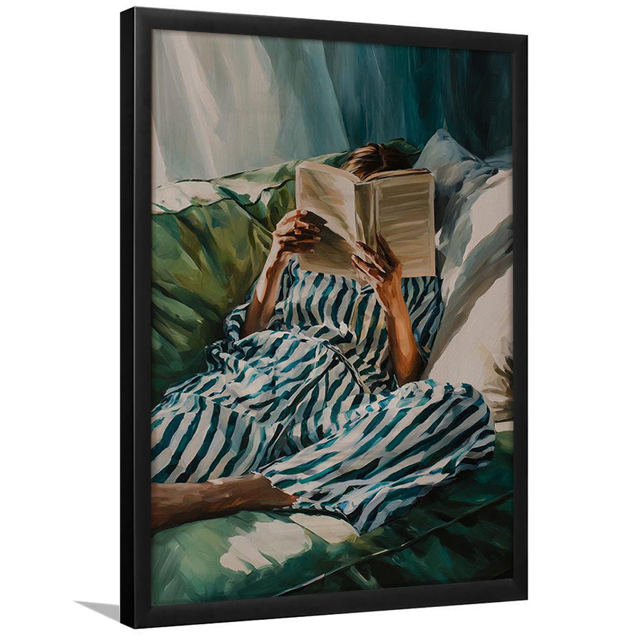 Minimalist Emerald Green Reading Woman Print, Book Lover Print, Watercolor Painting Art, Framed Art Print, Fine Art Print