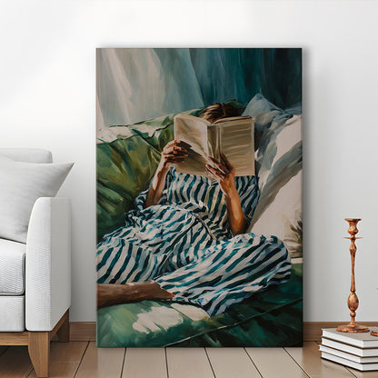 Minimalist Emerald Green Reading Woman Print, Book Lover Print, Watercolor Painting Art, Canvas Print, Canvas Decor