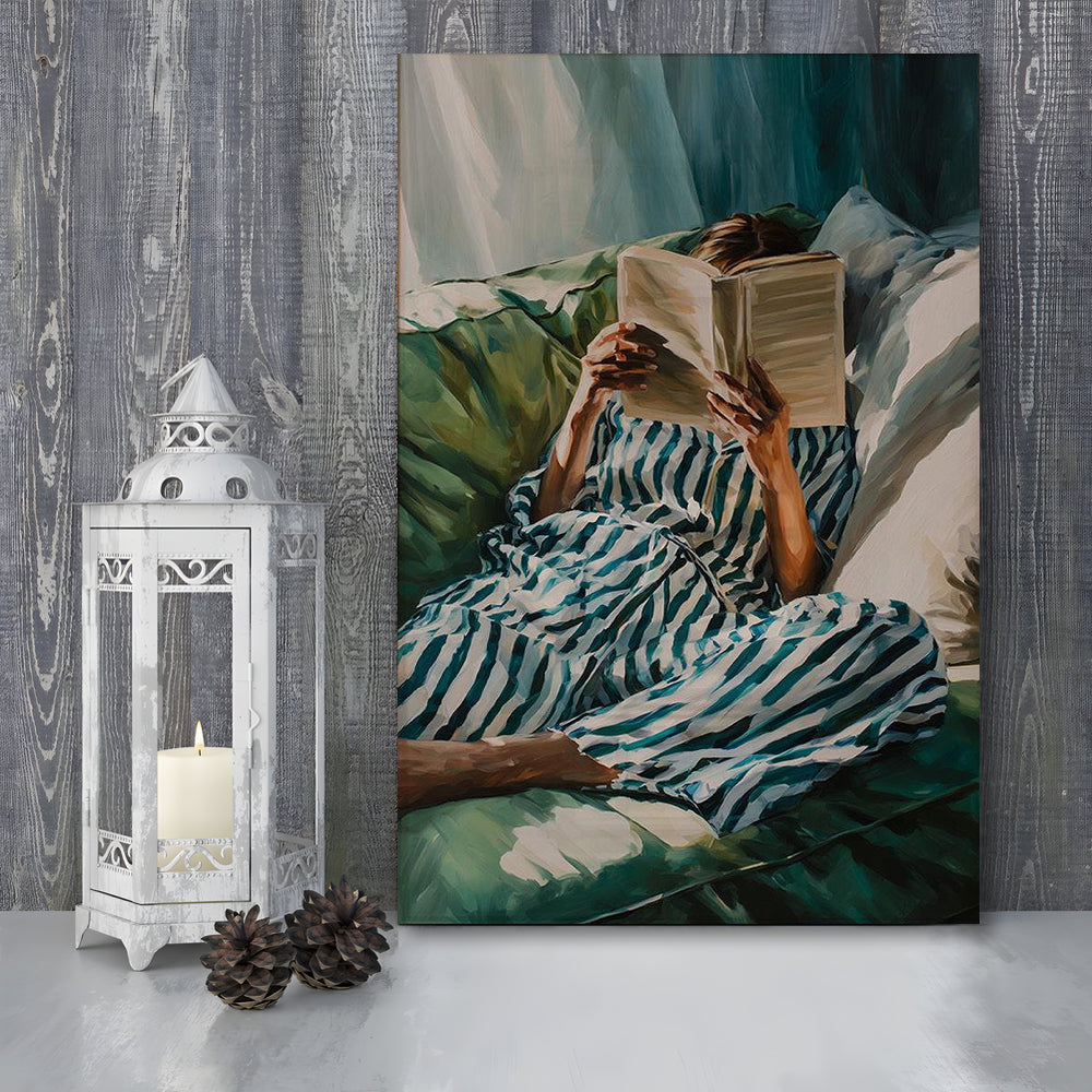 Minimalist Emerald Green Reading Woman Print, Book Lover Print, Watercolor Painting Art, Canvas Print, Canvas Decor