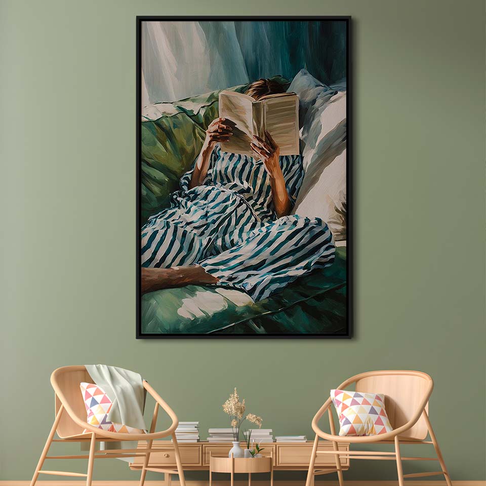 Minimalist Emerald Green Reading Woman Print, Book Lover Print, Watercolor Painting Art, Framed Canvas Print, Floating Frame