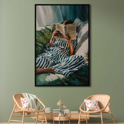Minimalist Emerald Green Reading Woman Print, Book Lover Print, Watercolor Painting Art, Framed Canvas Print, Floating Frame