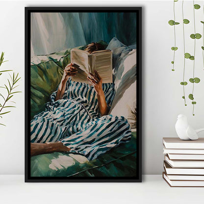Minimalist Emerald Green Reading Woman Print, Book Lover Print, Watercolor Painting Art, Framed Canvas Print, Floating Frame