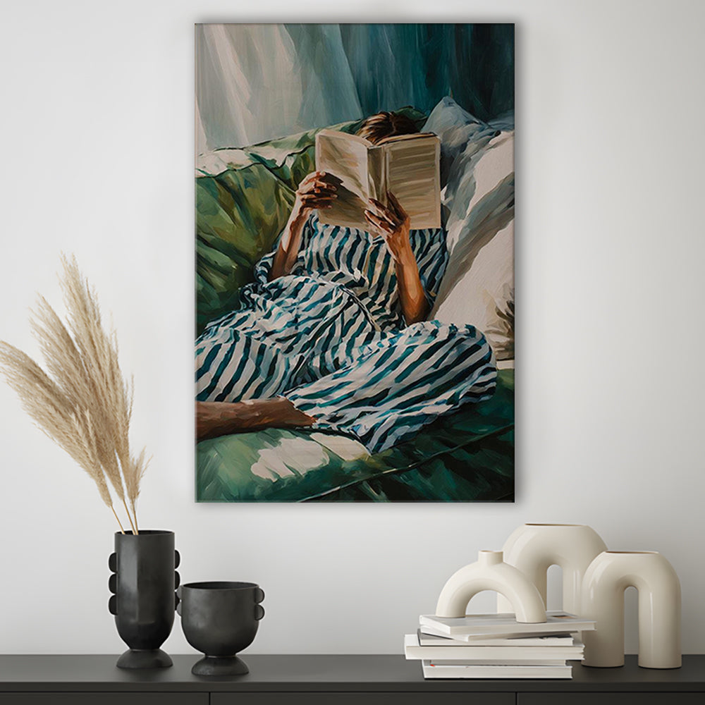 Minimalist Emerald Green Reading Woman Print, Book Lover Print, Watercolor Painting Art, Canvas Print, Canvas Decor