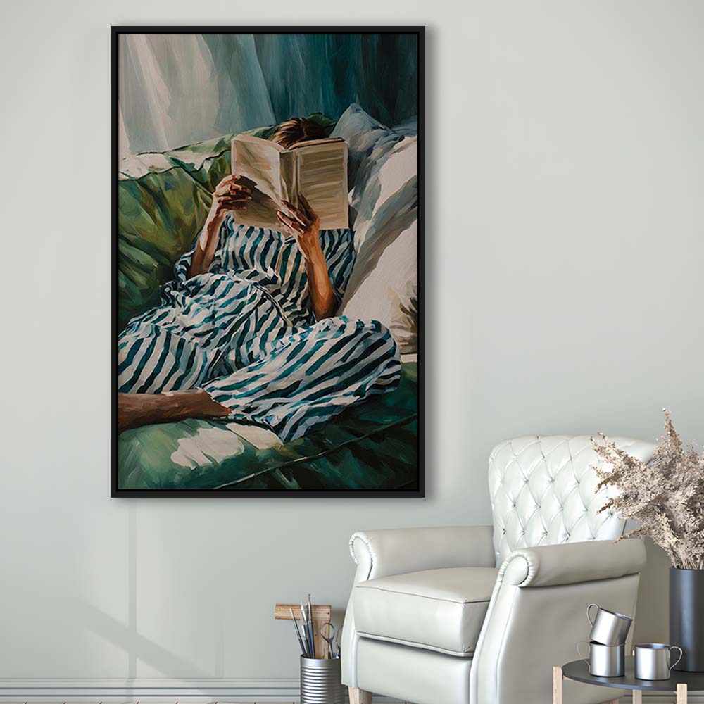 Minimalist Emerald Green Reading Woman Print, Book Lover Print, Watercolor Painting Art, Framed Canvas Print, Floating Frame