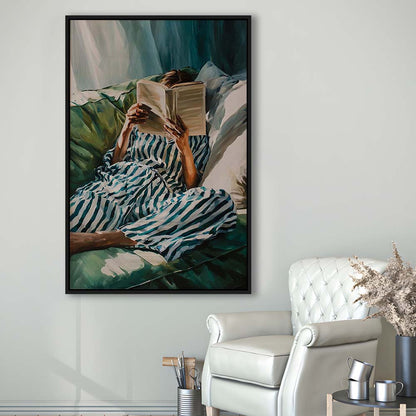 Minimalist Emerald Green Reading Woman Print, Book Lover Print, Watercolor Painting Art, Framed Canvas Print, Floating Frame