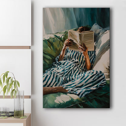 Minimalist Emerald Green Reading Woman Print, Book Lover Print, Watercolor Painting Art, Canvas Print, Canvas Decor