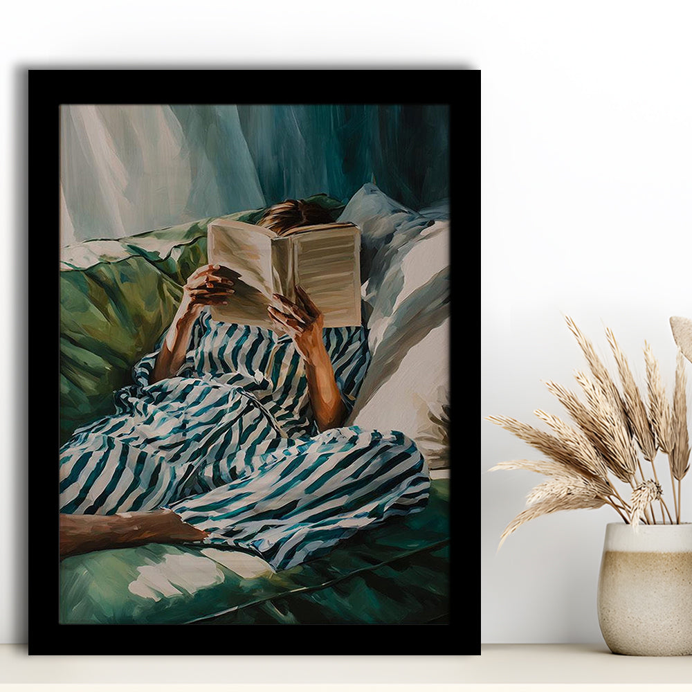 Minimalist Emerald Green Reading Woman Print, Book Lover Print, Watercolor Painting Art, Framed Art Print, Fine Art Print