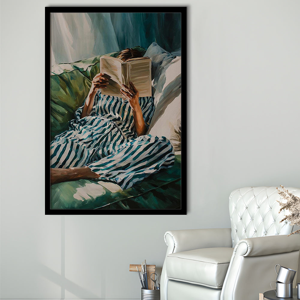 Minimalist Emerald Green Reading Woman Print, Book Lover Print, Watercolor Painting Art, Framed Art Print, Fine Art Print