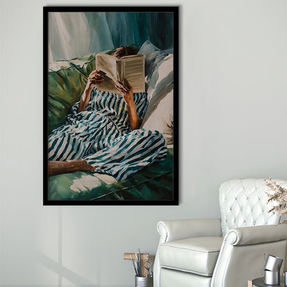 Minimalist Emerald Green Reading Woman Print, Book Lover Print, Watercolor Painting Art, Framed Art Print, Fine Art Print