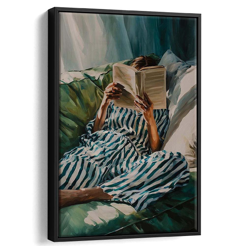 Minimalist Emerald Green Reading Woman Print, Book Lover Print, Watercolor Painting Art, Framed Canvas Print, Floating Frame