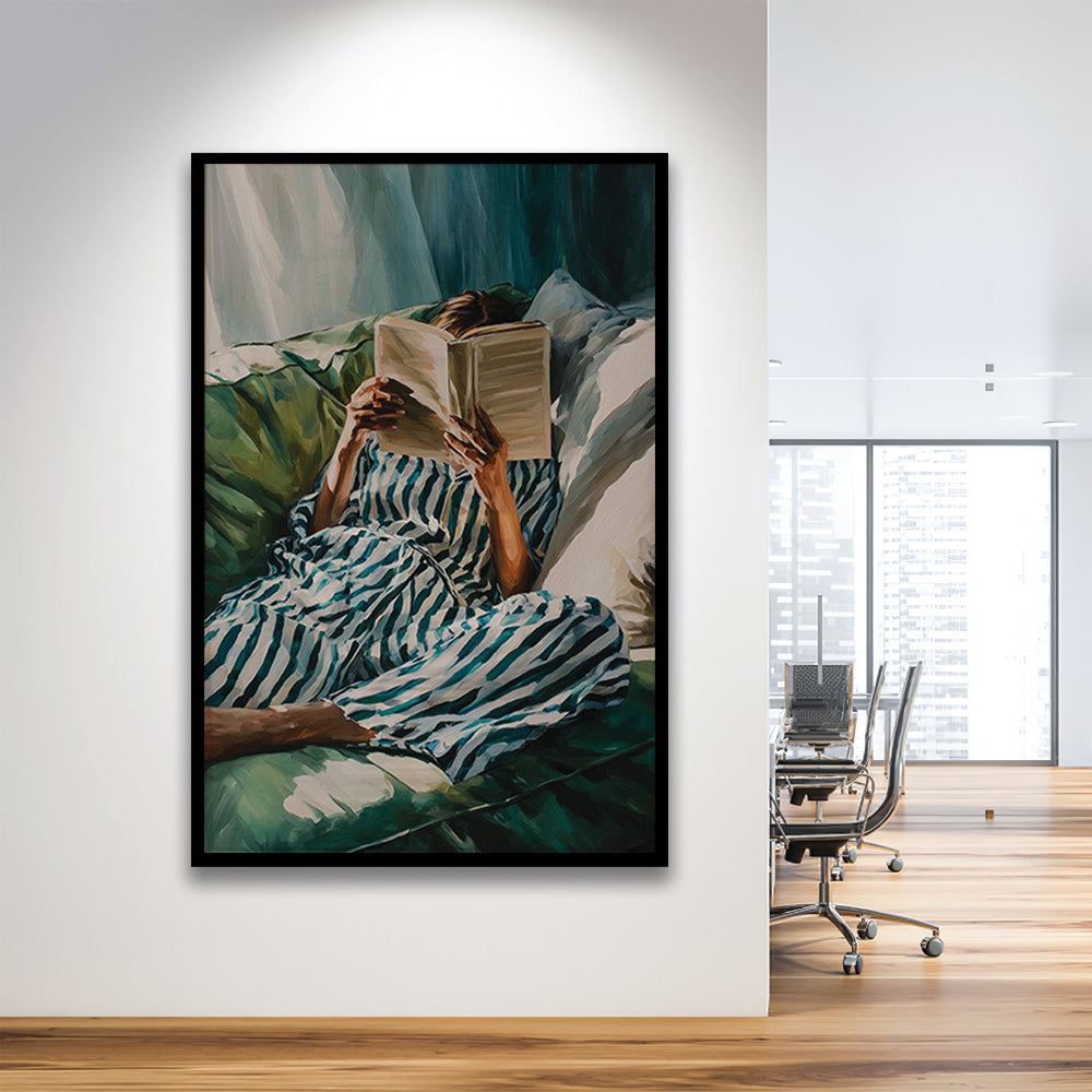 Minimalist Emerald Green Reading Woman Print, Book Lover Print, Watercolor Painting Art, Framed Art Print, Fine Art Print