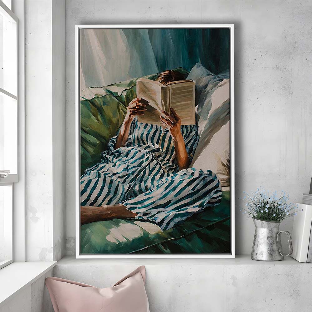 Minimalist Emerald Green Reading Woman Print, Book Lover Print, Watercolor Painting Art, Framed Canvas Print, Floating Frame
