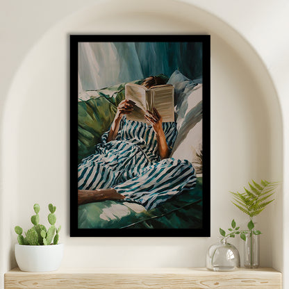 Minimalist Emerald Green Reading Woman Print, Book Lover Print, Watercolor Painting Art, Framed Art Print, Fine Art Print
