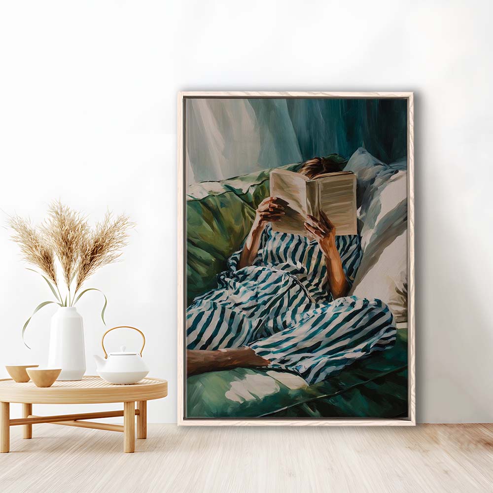 Minimalist Emerald Green Reading Woman Print, Book Lover Print, Watercolor Painting Art, Framed Canvas Print, Floating Frame