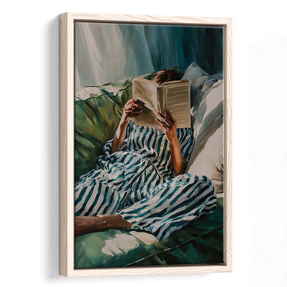 Minimalist Emerald Green Reading Woman Print, Book Lover Print, Watercolor Painting Art, Framed Canvas Print, Floating Frame