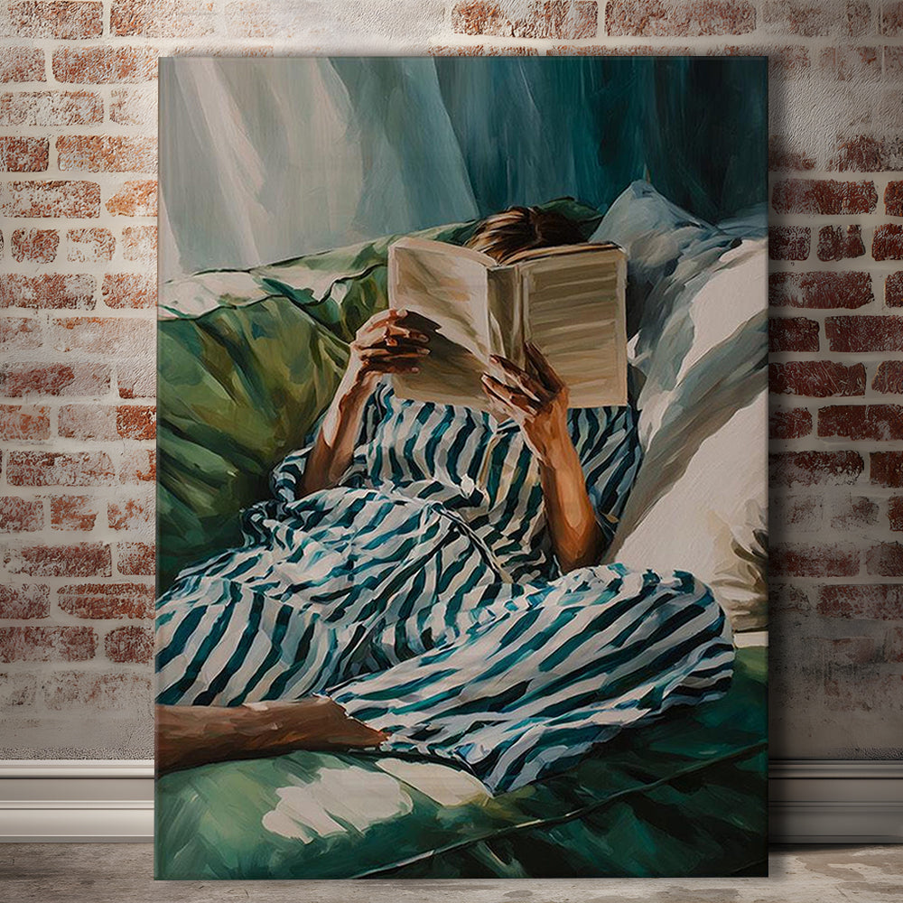 Minimalist Emerald Green Reading Woman Print, Book Lover Print, Watercolor Painting Art, Canvas Print, Canvas Decor