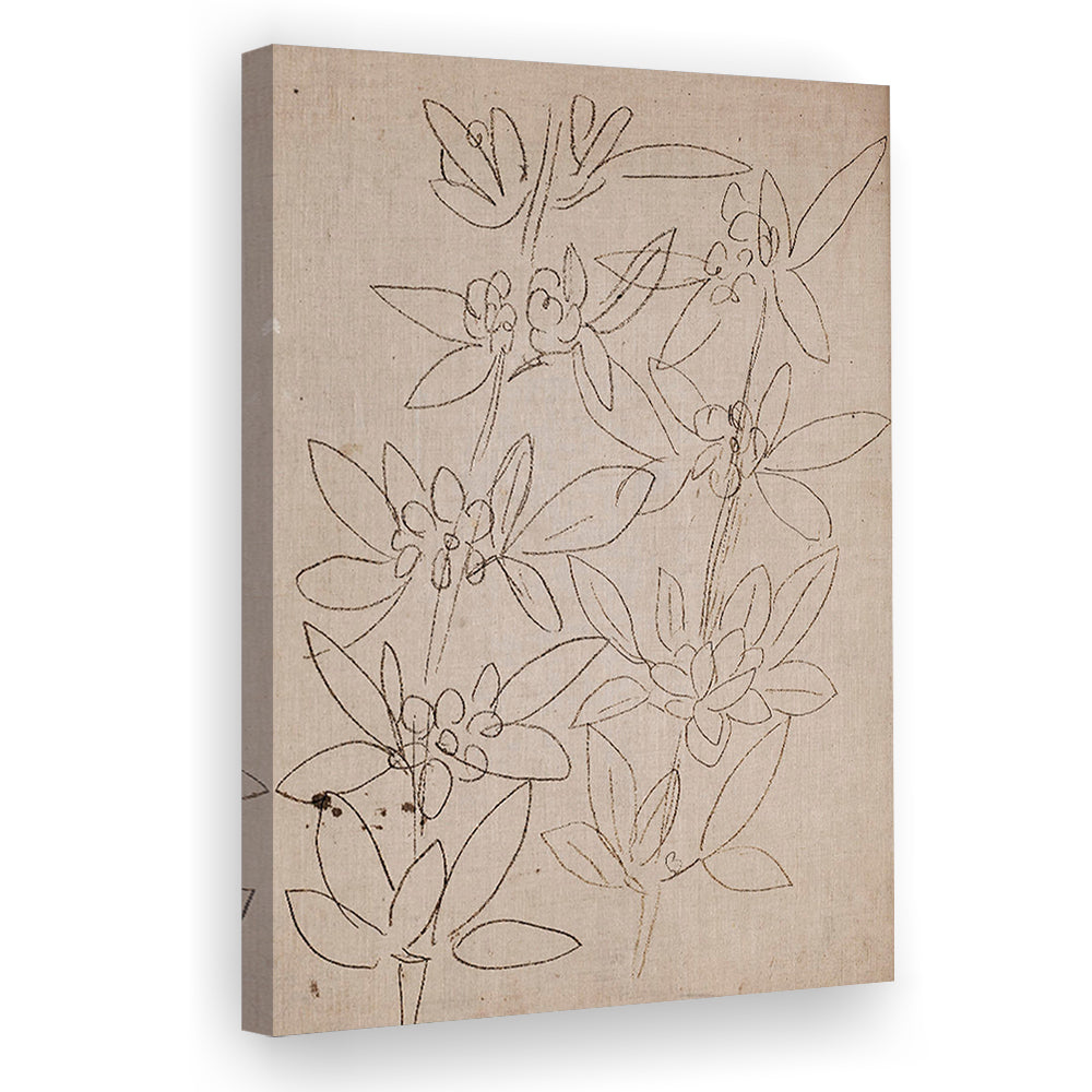 Minimalist Floral Sketch Canvas Print Wall Art, Antique Neutral Botanical Drawing Farmhouse Decor Fine Art Prints