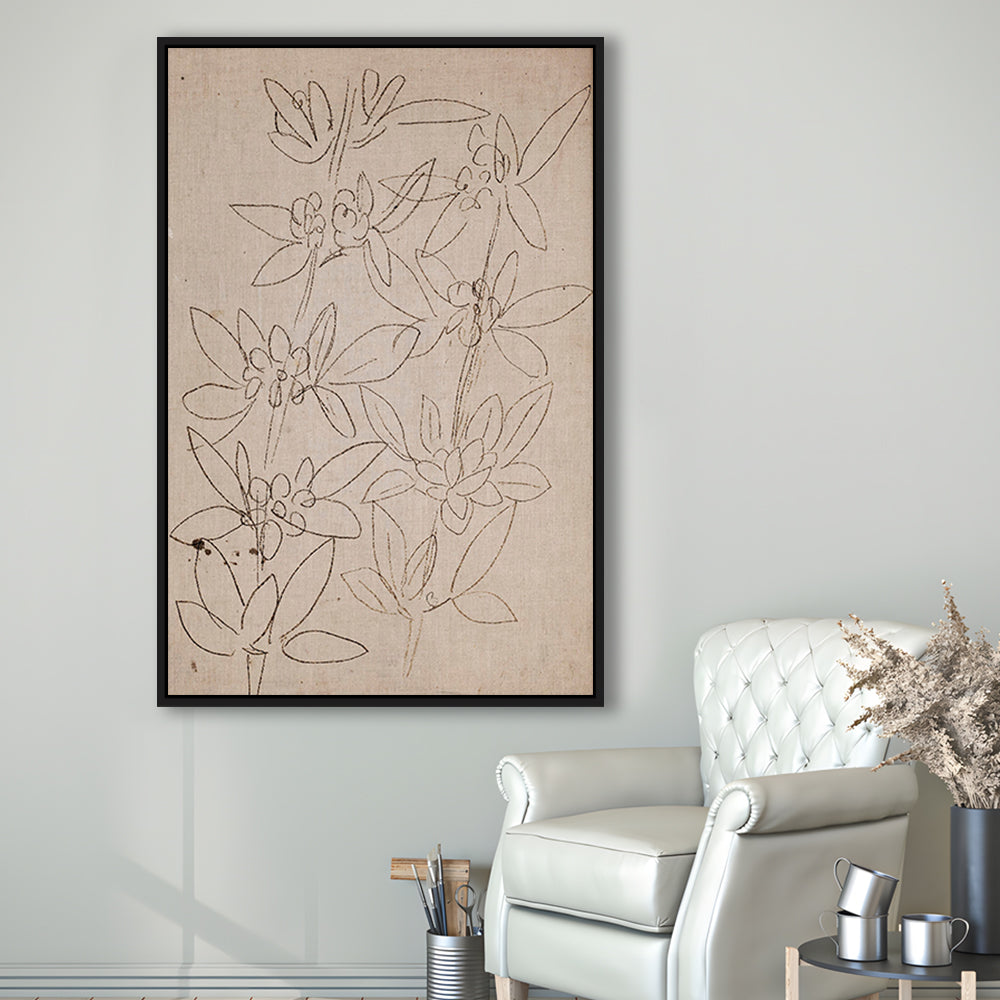 Minimalist Floral Sketch Framed Canvas Print Wall Art, Antique Neutral Botanical Drawing Farmhouse Decor Fine Art Prints