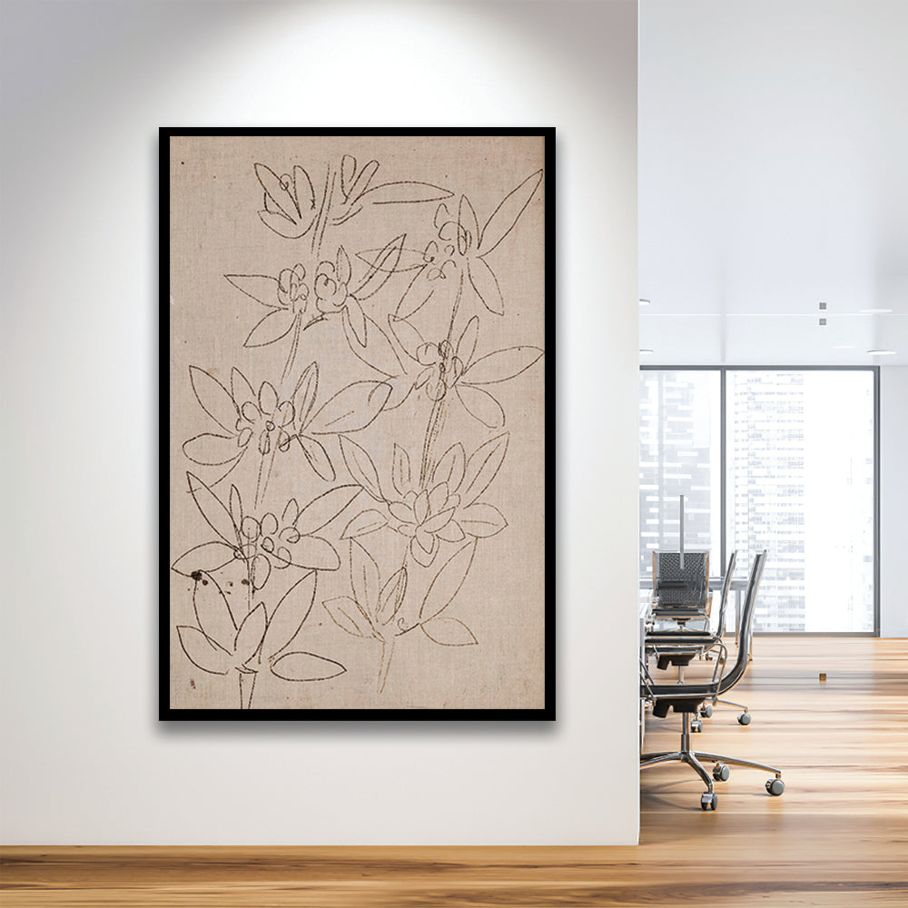 Minimalist Floral Sketch Framed Art Print Wall Decor, Antique Neutral Botanical Drawing Farmhouse Decor Fine Art Prints