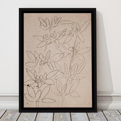 Minimalist Floral Sketch Framed Canvas Print Wall Art, Antique Neutral Botanical Drawing Farmhouse Decor Fine Art Prints