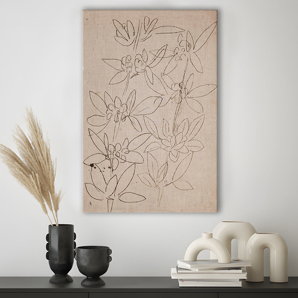 Minimalist Floral Sketch Canvas Print Wall Art, Antique Neutral Botanical Drawing Farmhouse Decor Fine Art Prints