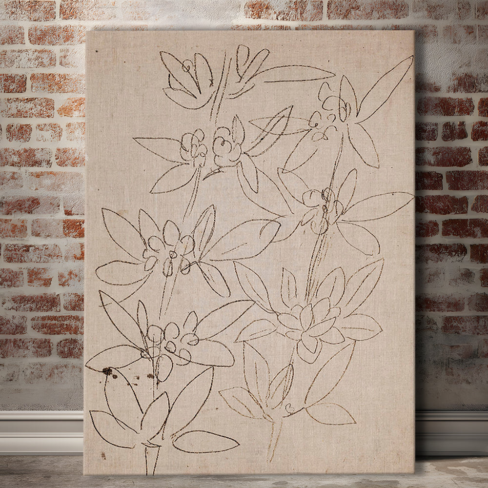 Minimalist Floral Sketch Canvas Print Wall Art, Antique Neutral Botanical Drawing Farmhouse Decor Fine Art Prints