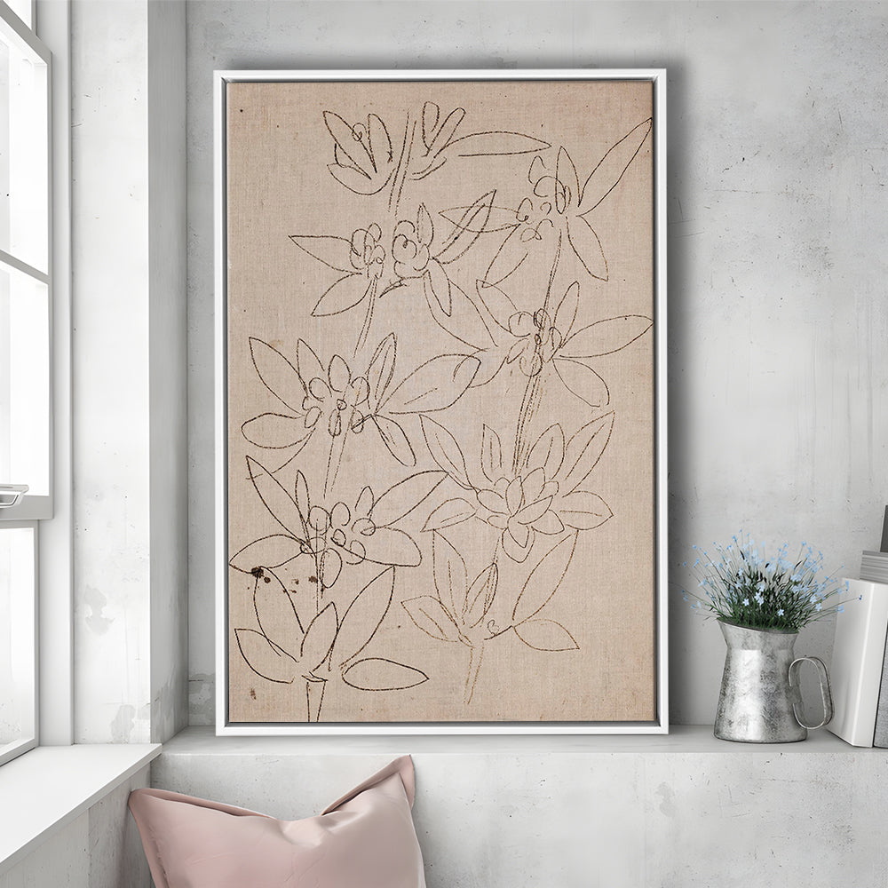 Minimalist Floral Sketch Framed Canvas Print Wall Art, Antique Neutral Botanical Drawing Farmhouse Decor Fine Art Prints
