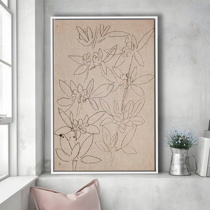 Minimalist Floral Sketch Framed Canvas Print Wall Art, Antique Neutral Botanical Drawing Farmhouse Decor Fine Art Prints
