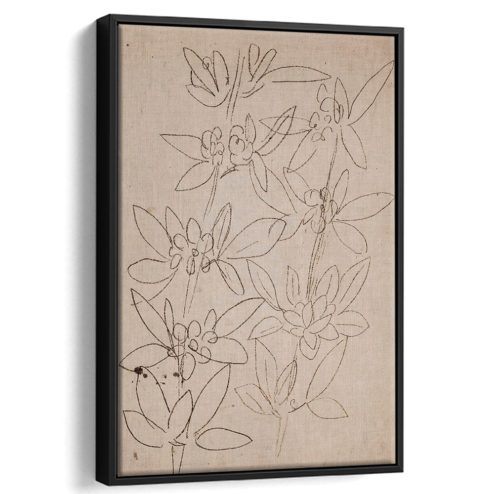 Minimalist Floral Sketch Framed Canvas Print Wall Art, Antique Neutral Botanical Drawing Farmhouse Decor Fine Art Prints