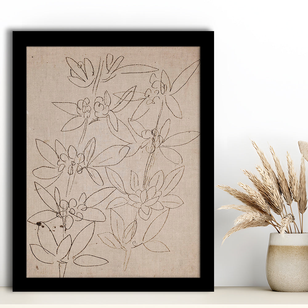 Minimalist Floral Sketch Framed Art Print Wall Decor, Antique Neutral Botanical Drawing Farmhouse Decor Fine Art Prints