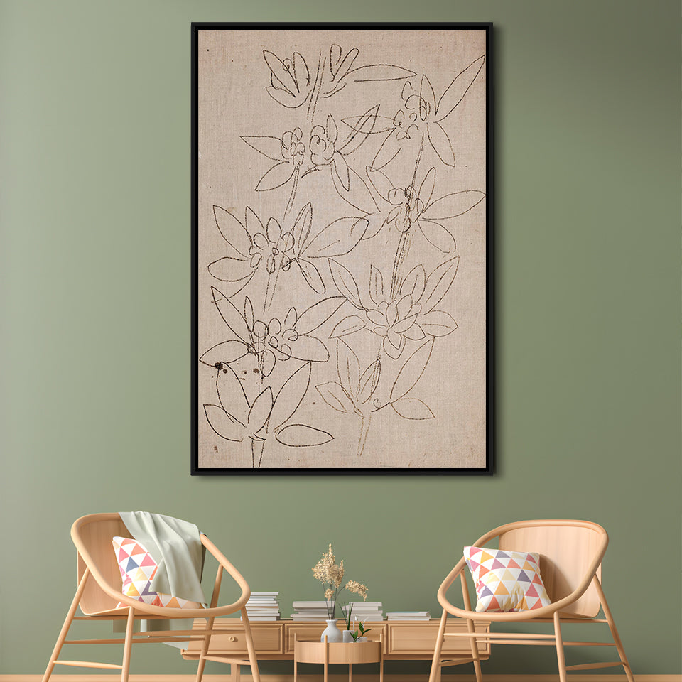 Minimalist Floral Sketch Framed Canvas Print Wall Art, Antique Neutral Botanical Drawing Farmhouse Decor Fine Art Prints