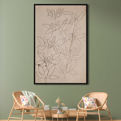 Minimalist Floral Sketch Framed Canvas Print Wall Art, Antique Neutral Botanical Drawing Farmhouse Decor Fine Art Prints