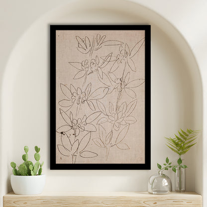 Minimalist Floral Sketch Framed Art Print Wall Decor, Antique Neutral Botanical Drawing Farmhouse Decor Fine Art Prints
