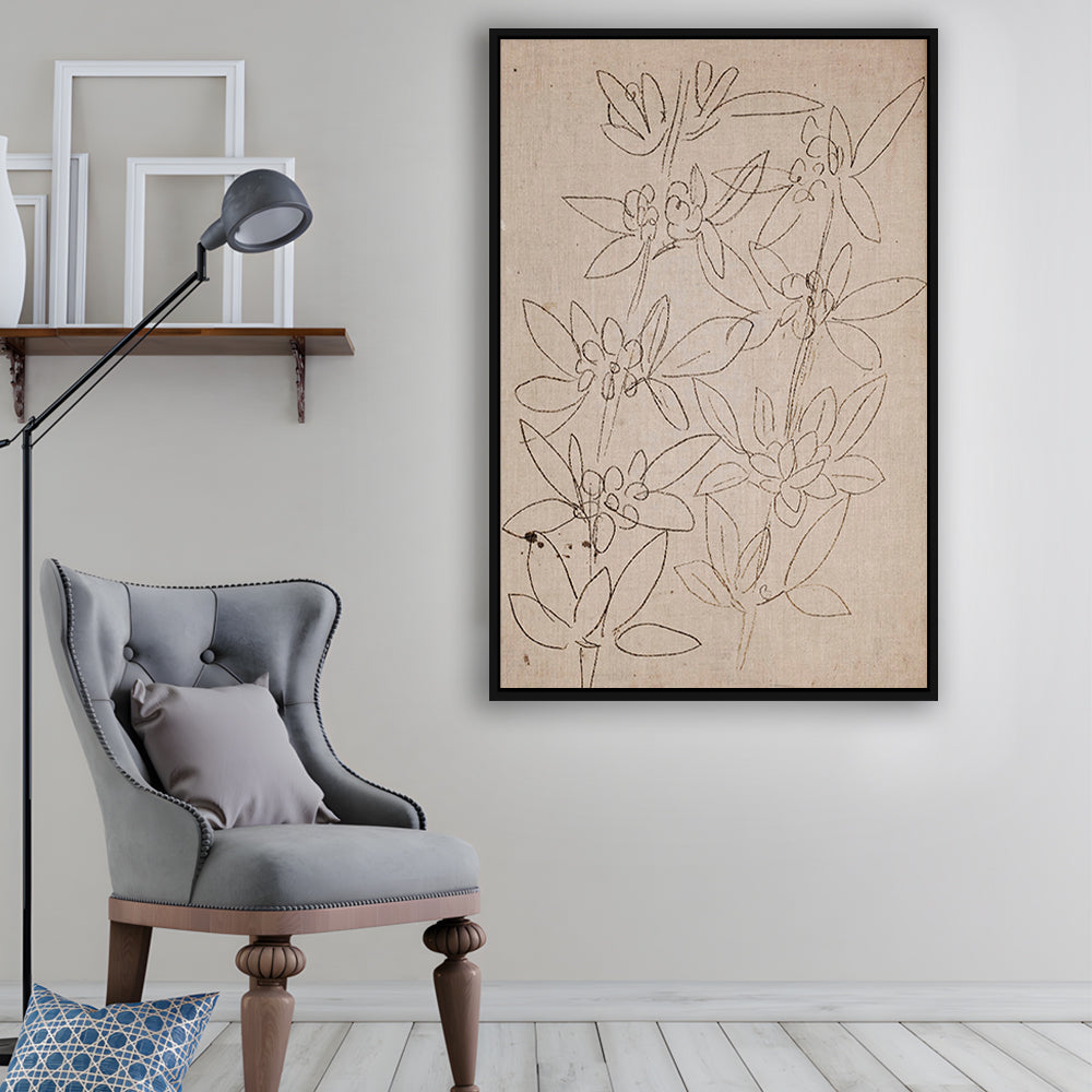 Minimalist Floral Sketch Framed Canvas Print Wall Art, Antique Neutral Botanical Drawing Farmhouse Decor Fine Art Prints