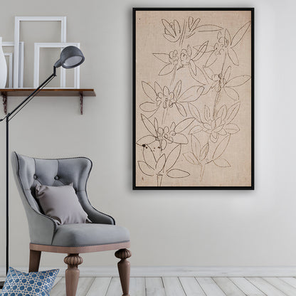 Minimalist Floral Sketch Framed Canvas Print Wall Art, Antique Neutral Botanical Drawing Farmhouse Decor Fine Art Prints