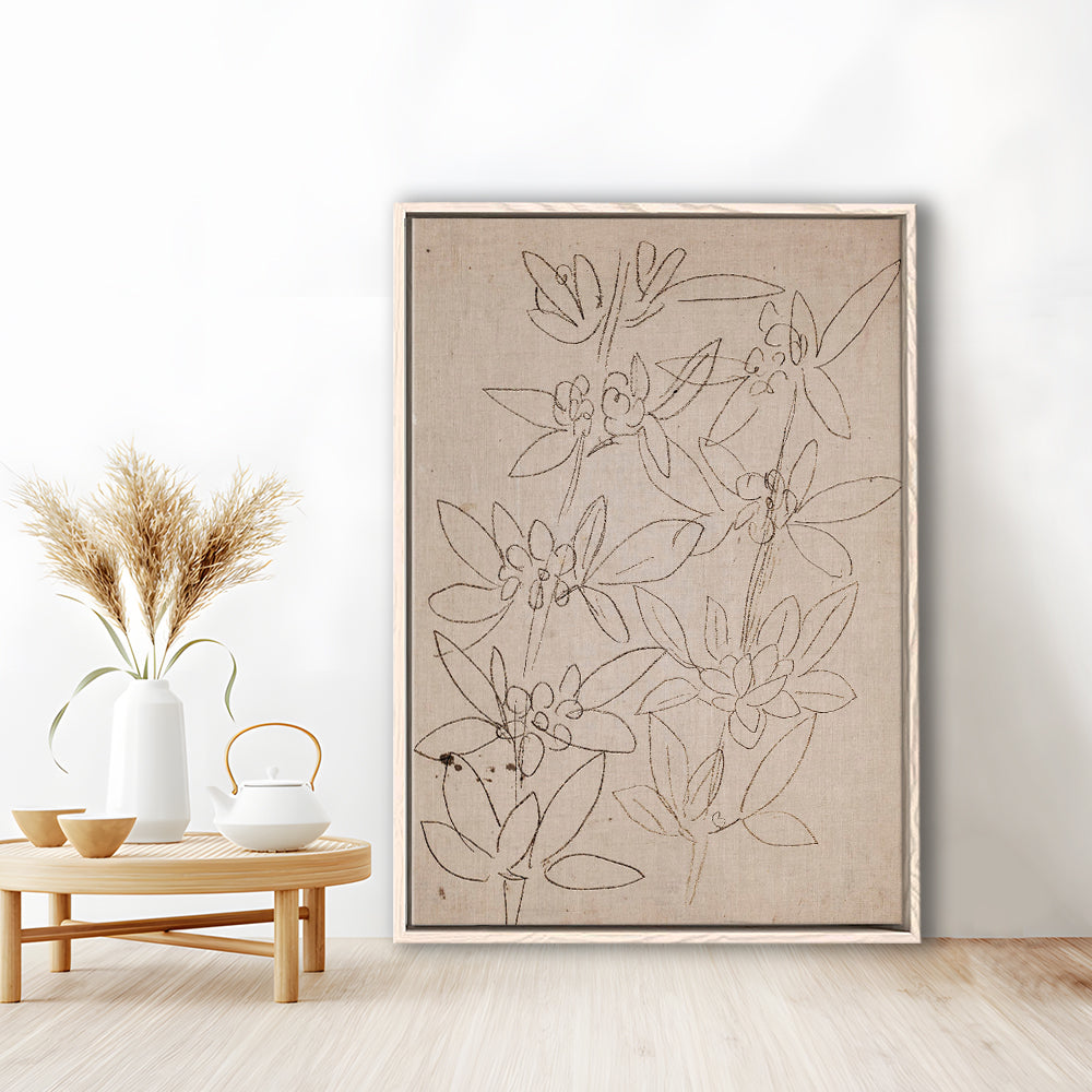 Minimalist Floral Sketch Framed Canvas Print Wall Art, Antique Neutral Botanical Drawing Farmhouse Decor Fine Art Prints