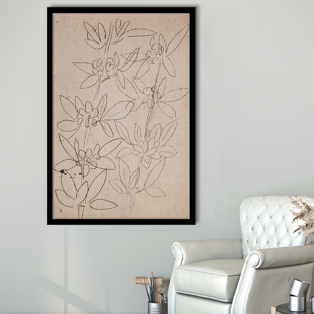 Minimalist Floral Sketch Framed Art Print Wall Decor, Antique Neutral Botanical Drawing Farmhouse Decor Fine Art Prints