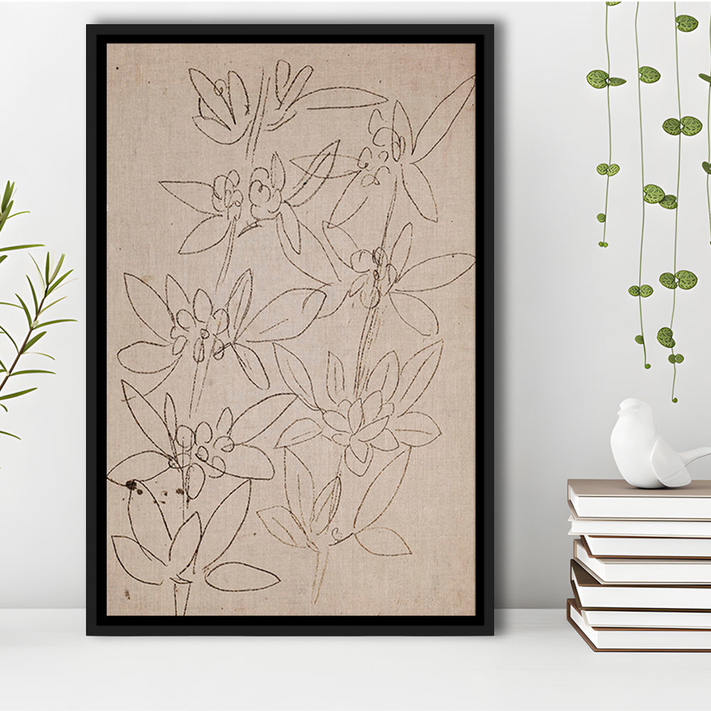 Minimalist Floral Sketch Framed Canvas Print Wall Art, Antique Neutral Botanical Drawing Farmhouse Decor Fine Art Prints