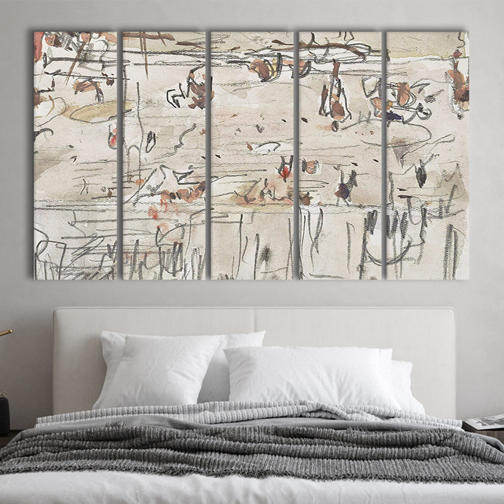 Minimalist Print Neutral 5 Panels Canvas Print Wall Art, Neutral Abstract Arts Beige Abstract Modern Painting