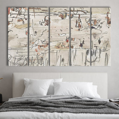 Minimalist Print Neutral 5 Panels Canvas Print Wall Art, Neutral Abstract Arts Beige Abstract Modern Painting