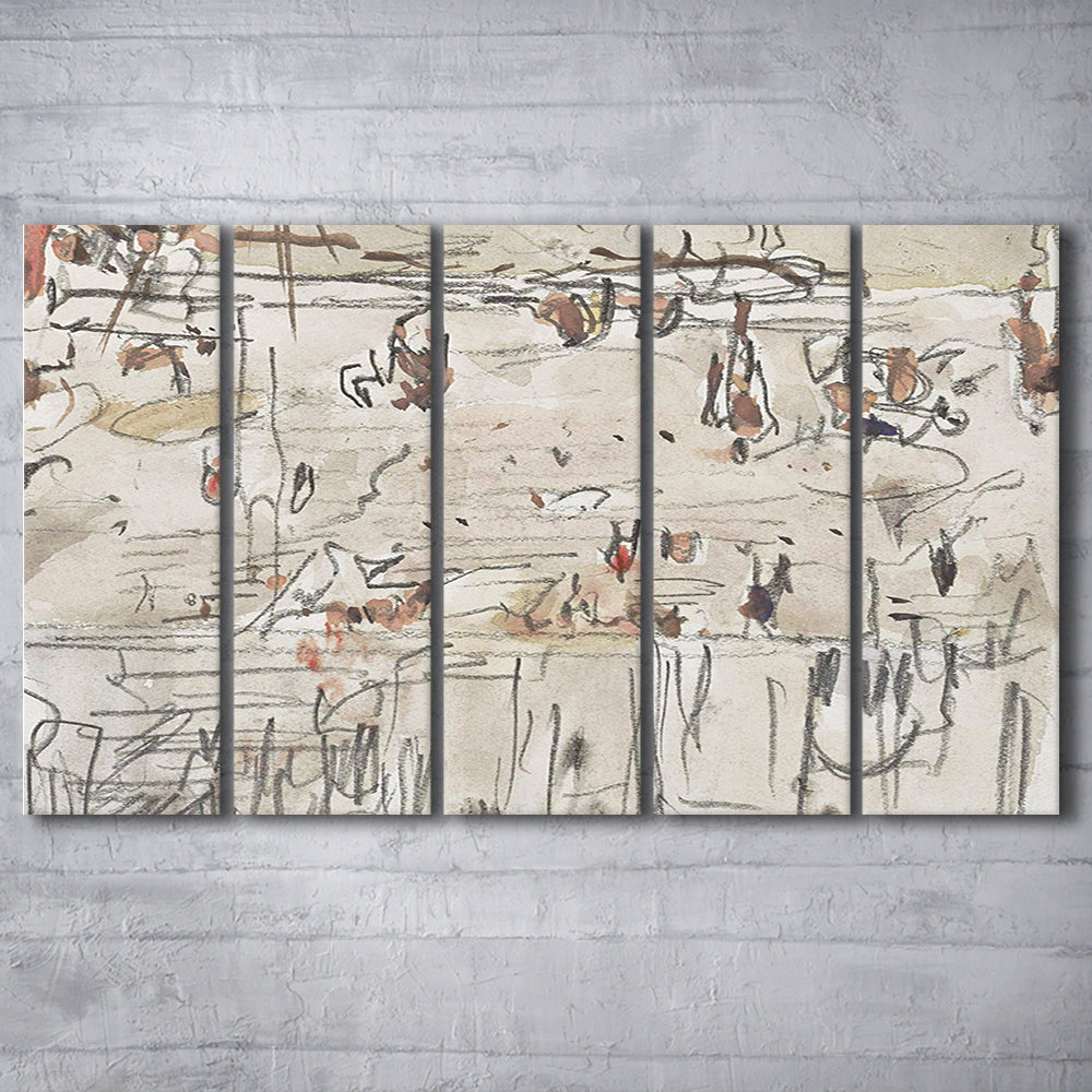 Minimalist Print Neutral 5 Panels Canvas Print Wall Art, Neutral Abstract Arts Beige Abstract Modern Painting