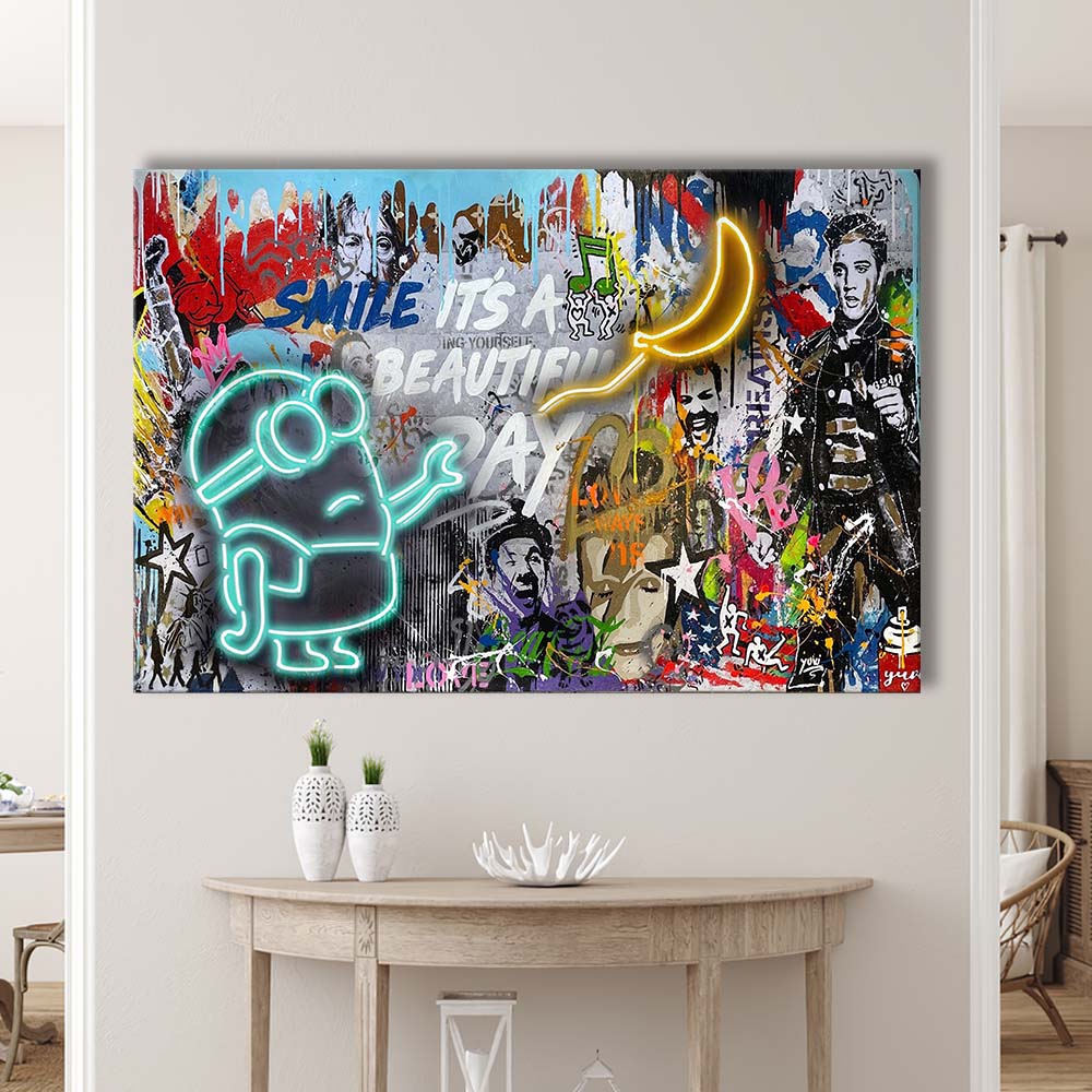 Minion Banana Graffiti Art Print, Canvas Print Wall Art, Wall Decor, Neon Effect Art