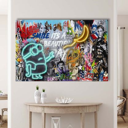 Minion Banana Graffiti Art Print, Canvas Print Wall Art, Wall Decor, Neon Effect Art